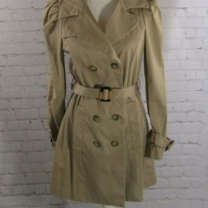 Spring Tan Trench Coat Khaki Neutral Puff Sleeve Classic Belted Buttoned Jacket